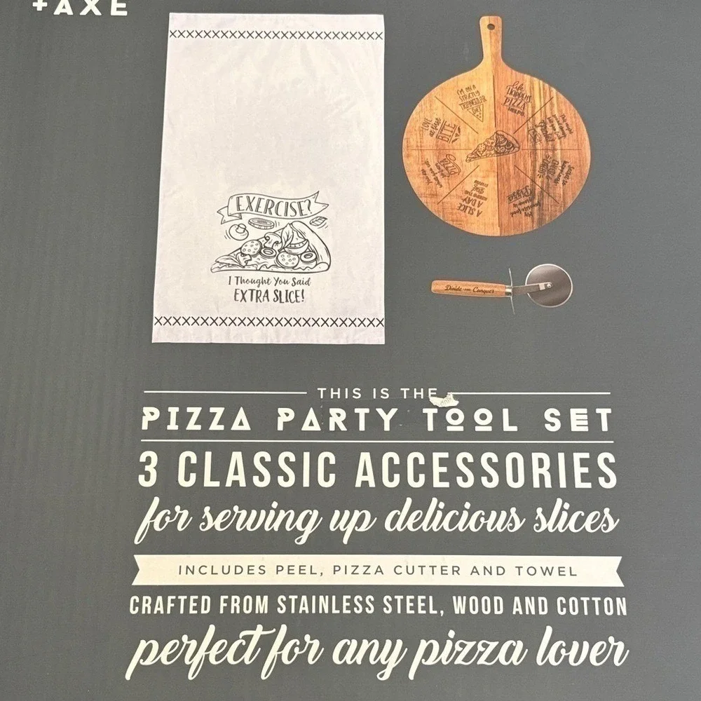 Hammer + Axe Pizza Party Tool Set Wooden Pizza Cutting Board, Pizza Cutter Towel